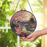 Geisha Sunset Stained Glass Suncatcher, Round Japanese Landscape Window Panel, Cherry Blossom Glass Art Home Decor Gift