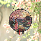 Geisha Sunset Stained Glass Suncatcher, Round Japanese Landscape Window Panel, Cherry Blossom Glass Art Home Decor Gift