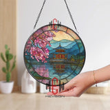 Golden Temple Stained Glass Suncatcher, Round Japanese Lake Window Panel, Cherry Blossom Glass Art Home Decor Gift
