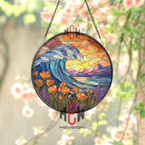 Ocean Wave Sunset Stained Glass Suncatcher, Round Coastal Flower Window Panel, Nature Sea Glass Art Home Decor Gift