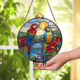 Tropical Parrots Stained Glass Suncatcher, Round Exotic Bird Window Panel, Jungle Hibiscus Glass Art Home Decor Gift