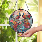 Peacock Pair Stained Glass Suncatcher, Round Floral Sunset Window Panel, Elegant Bird Glass Art Home Decor Gift for Nature Lovers