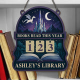 Books Read This Year Tracker - Crystal Castle Dragon Reading Sign, Fantasy Wooden Library Counter, Personalized Book Lover Gift