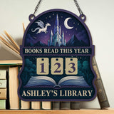 Books Read This Year Tracker - Crystal Castle Dragon Reading Sign, Fantasy Wooden Library Counter, Personalized Book Lover Gift