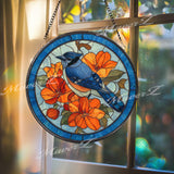 Blue Jay Stained Glass Suncatcher, Round Bird with Orange Flowers Window Hanging Panel, Colorful Nature Glass Art Gift for Bird Lovers