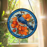 Blue Jay Stained Glass Suncatcher, Round Bird with Orange Flowers Window Hanging Panel, Colorful Nature Glass Art Gift for Bird Lovers
