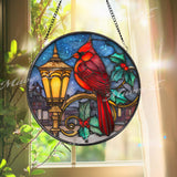 Cardinal Lantern Stained Glass Suncatcher, Round Christmas Window Panel with Holly Leaves, Holiday Memorial Bird Decor, Winter Gift
