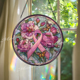 Breast Cancer Awareness Ribbon Stained Glass Suncatcher, Pink Flower and Butterfly Window Panel, Survivor Gift, Memorial Support Decor