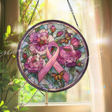 Breast Cancer Awareness Ribbon Stained Glass Suncatcher, Pink Flower and Butterfly Window Panel, Survivor Gift, Memorial Support Decor