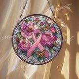 Breast Cancer Awareness Ribbon Stained Glass Suncatcher, Pink Flower and Butterfly Window Panel, Survivor Gift, Memorial Support Decor