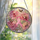 Breast Cancer Ribbon Stained Glass Suncatcher, Pink Peony and Butterfly Window Panel, Survivor Memorial Gift, Hope Awareness Decor