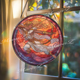 Greek Goddess Archer Stained Glass Suncatcher, Round Mythological Panel with Bow, Spiritual Warrior Decor, Strength and Power Gift