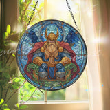 Viking God Stained Glass Suncatcher, Round Odin with Ravens and Ivy, Mythological Warrior Home Decor, Norse Spiritual Gift