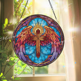 Angel Wings Cross Stained Glass Suncatcher, Round Heavenly Guardian with Cross, Divine Light and Power, Spiritual Home Decor