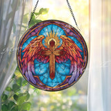 Angel Wings Cross Stained Glass Suncatcher, Round Heavenly Guardian with Cross, Divine Light and Power, Spiritual Home Decor