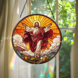 Resurrected Christ Stained Glass Suncatcher, Round Jesus in Glory Panel, Faith-Inspired Spiritual Decor, Easter Resurrection Window Art