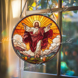 Resurrected Christ Stained Glass Suncatcher, Round Jesus in Glory Panel, Faith-Inspired Spiritual Decor, Easter Resurrection Window Art