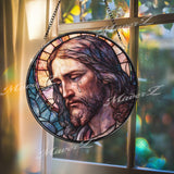 Jesus with Tear Stained Glass Suncatcher, Round Depiction of Christ in Sorrow, Religious Window Art, Faith-Inspired Spiritual Decor