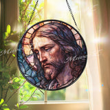 Jesus with Tear Stained Glass Suncatcher, Round Depiction of Christ in Sorrow, Religious Window Art, Faith-Inspired Spiritual Decor