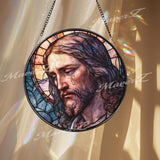 Jesus with Tear Stained Glass Suncatcher, Round Depiction of Christ in Sorrow, Religious Window Art, Faith-Inspired Spiritual Decor