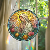 Praying Virgin Mary Stained Glass Suncatcher, Round Religious Panel with Roses and Sunburst, Spiritual Home Decor, Faith-Inspired Gift