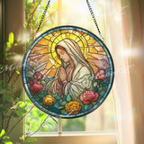 Praying Virgin Mary Stained Glass Suncatcher, Round Religious Panel with Roses and Sunburst, Spiritual Home Decor, Faith-Inspired Gift