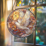 Dove Stained Glass Suncatcher, Round Peaceful Dove and Pumpkin Panel, Autumn Colors, Spiritual Home Decor, Gift Idea