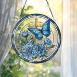 Personalized Cross Stained Glass Suncatcher, Round Floral and Butterfly Panel with Name, Blue Carnations, Spiritual Gift, Custom Home Decor