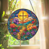 Vibrant Cross Stained Glass Suncatcher, Round Floral Pathway Panel, Colorful Flowers and Sun, Faith-Inspired Spiritual Home Decor, Gift Idea