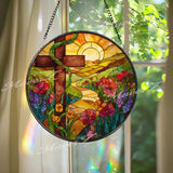 Sunrise Cross Stained Glass Suncatcher, Round Scenic Pathway Panel, Vibrant Flowers and Cross, Spiritual Nature-Inspired Home Decor