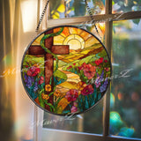 Sunrise Cross Stained Glass Suncatcher, Round Scenic Pathway Panel, Vibrant Flowers and Cross, Spiritual Nature-Inspired Home Decor