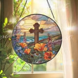 Sunset Cross Stained Glass Suncatcher, Round Scenic Ocean View Panel, Vibrant Wildflowers and Cross, Faith-Inspired Spiritual Decor