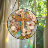Magnolia Cross Stained Glass Suncatcher, Round Religious Window Panel, Floral and Faith-Inspired Design, Elegant Spiritual Home Decor