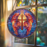 Angel Wings Cross Stained Glass Suncatcher, Round Religious Window Panel, Vibrant Red and Purple, Faith-Inspired Spiritual Gift