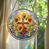 Sunflower Cross Stained Glass Suncatcher, Round Religious Window Panel, Sunflowers and Grapes, Faith-Inspired Home Decor, Spiritual Gift