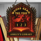 Books Read This Year Tracker - Fire Dragon Castle Reading Sign, Inferno Fantasy Wooden Library Counter, Dark Magic Decor