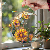 Crescent Moon Sunflower Acrylic Suncatcher, Stained Glass Style Yellow Floral Window Hanging, Bright Summer Home Decor Gift