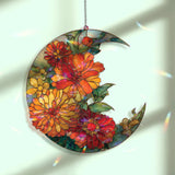 Crescent Moon Marigold Acrylic Suncatcher, Stained Glass Style Orange Yellow Floral Window Hanging, Bright Flower Home Decor Gift