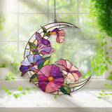 Crescent Moon Petunia Acrylic Suncatcher, Stained Glass Style Purple Pink Floral Window Hanging, Garden Flower Home Decor Gift