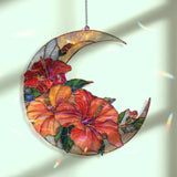 Crescent Moon Hibiscus Acrylic Suncatcher, Stained Glass Style Red Orange Floral Window Hanging, Tropical Flower Home Decor Gift