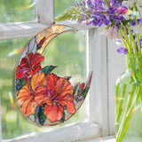 Crescent Moon Hibiscus Acrylic Suncatcher, Stained Glass Style Red Orange Floral Window Hanging, Tropical Flower Home Decor Gift