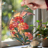 Crescent Moon Carnation Acrylic Suncatcher, Stained Glass Style Pink Orange Floral Window Hanging, Elegant Flower Home Decor Gift