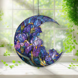 Crescent Moon Iris Acrylic Suncatcher, Stained Glass Style Blue Purple Floral Window Hanging, Elegant Flower Home Decor Gift
