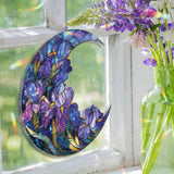 Crescent Moon Iris Acrylic Suncatcher, Stained Glass Style Blue Purple Floral Window Hanging, Elegant Flower Home Decor Gift