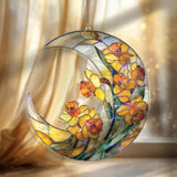Crescent Moon Daffodil Acrylic Suncatcher, Stained Glass Style Yellow Floral Window Hanging, Spring Flower Home Decor Gift