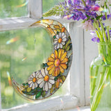 Crescent Moon Daisy Acrylic Suncatcher, Stained Glass Style Yellow White Floral Window Hanging, Summer Flower Home Decor Gift
