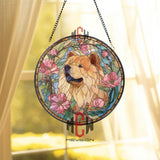 Golden Chow Chow Stained Glass Suncatcher, Floral Dog Window Hanging, Pink Blossom Pet Ornament, Dog Lover Gift, Home Window Decor