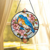 Bluebird Couple Stained Glass Suncatcher, Floral Bird Window Art, Spring Blossom Ornament, Nature Lover Gift, Home Window Decor