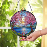 Cherry Blossom Stained Glass Suncatcher, Sunset Lake Window Art, Spring Nature Ornament, Floral Gift, Tranquil Home Window Decor
