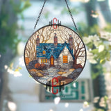 Cottage House Stained Glass Suncatcher, Cozy Home Window Art, Blue Roof Ornament, Countryside Gift, Rustic Cabin Window Decor